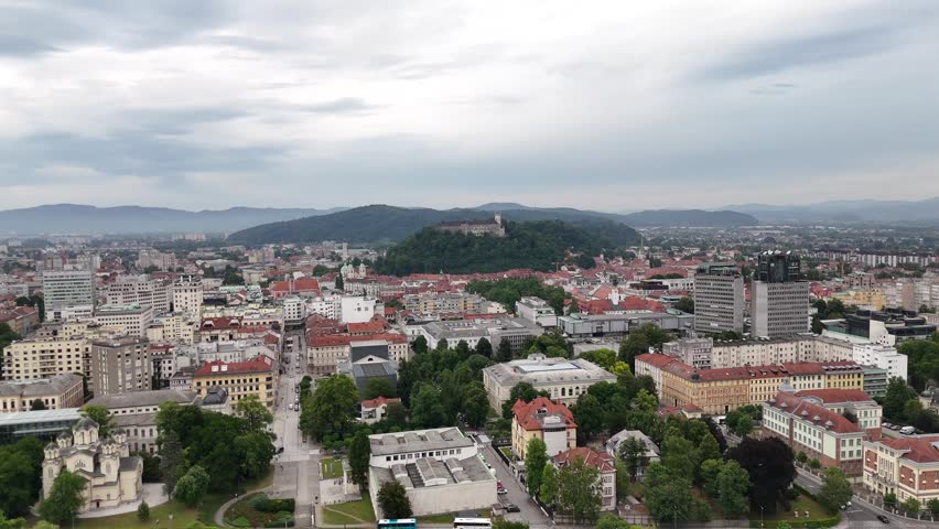 Drone Flight Above Ljubljana Old Town and Castle