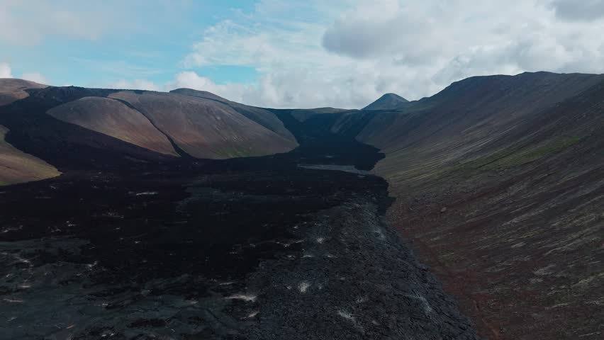 Aerial Establishing Dolly In Over Fagradalsfjall Lava Field, Reykjanes Peninsula, Iceland