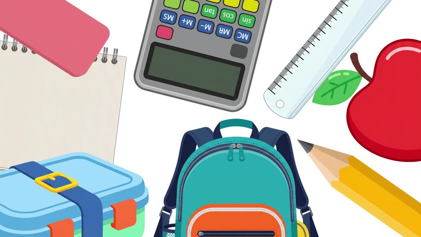 Animated back to school background featuring colorful school supplies like a backpack, calculator, apple, and notebook on a clean white isolated space.