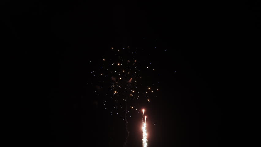 Golden fireworks explosion against black night sky
