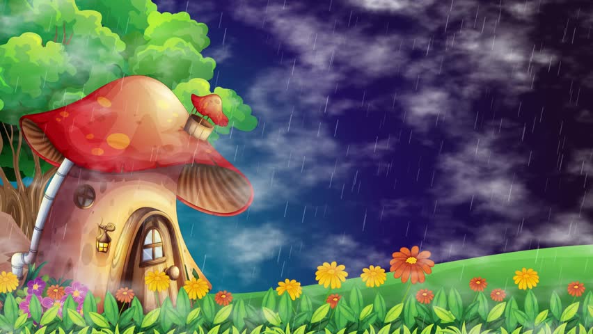 Cartoon mushroom cottage stands in a grassy field under falling rain and dark stormy clouds.