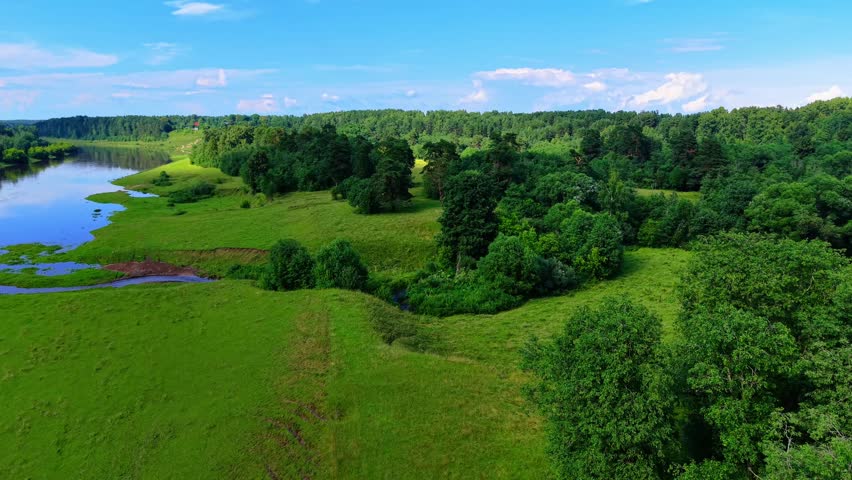 Lush green landscape with a winding river and abundant trees in bright daylight