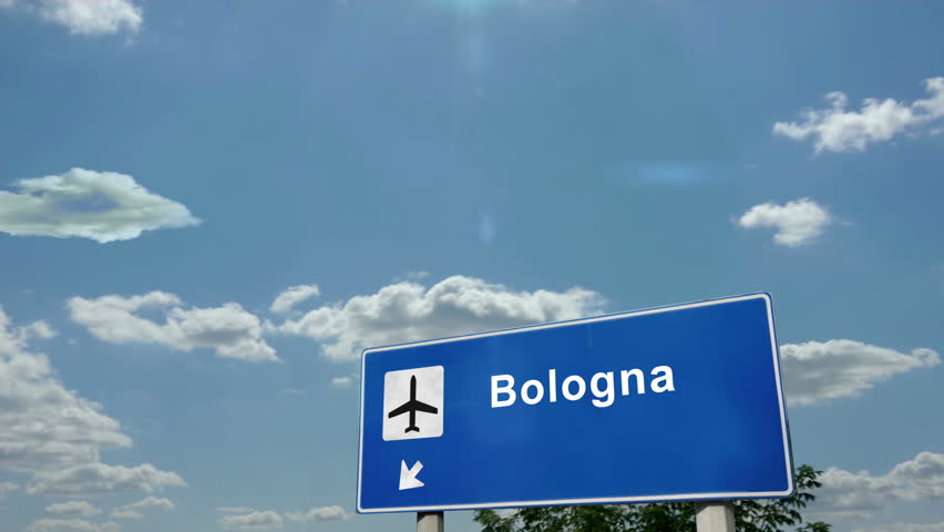 Bologna Italy Jet plane landing. City arrival with airport direction sign. Travel, business, tourism and airplane transport concept.