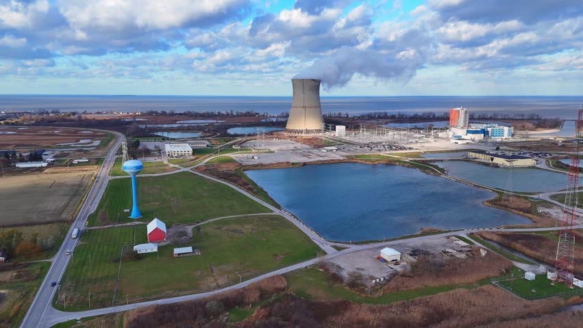Wide aerial shot of the Davis-Besse Nuclear Power Station near Oak Harbor, Ohio, on Lake Erie