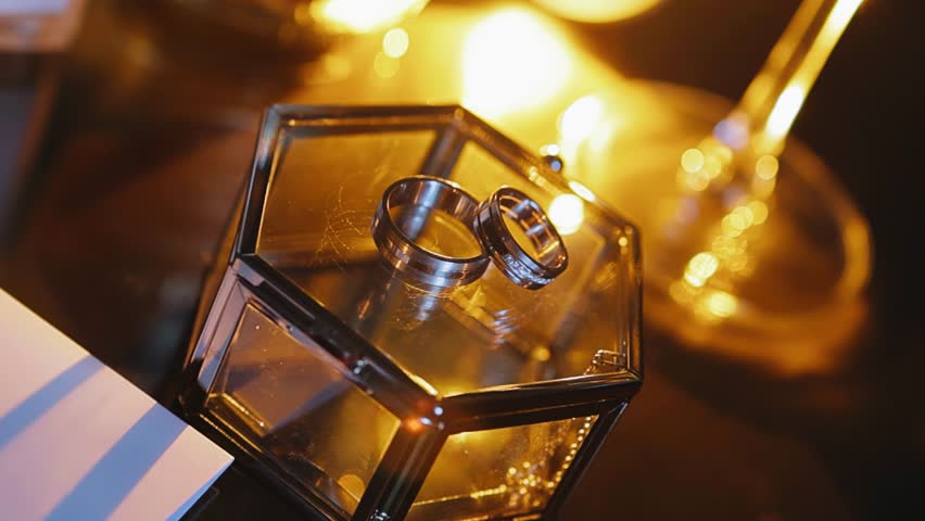 Two gold rings are lying on a glass casket. Shooting jewelry up close