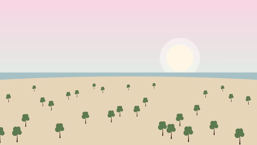 2D animation of coastal restoration showing people planting saplings on a sandy beach and a top-down view of green vegetation expanding along the coastline