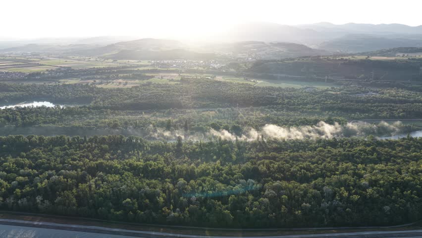 Aerial view of the forested landscape near Hombourg with morning mist rising over the trees under golden hour light in Hombourg, Grand Est, France.