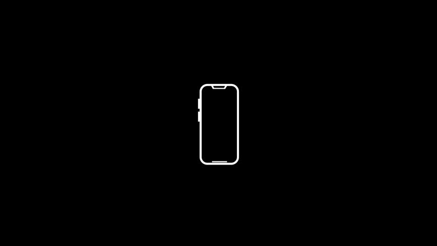 Minimalist white line art smartphone icon rotating over a dark background. Ideal for screen orientation indicators, responsive design animations, mobile app UI elements, and smartphone display concepts.