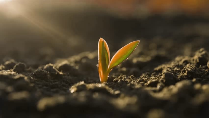 A young plant shoot growing up through fertile soil under the warmth of the morning sun. This image symbolizes growth, new life, hope, environmental sustainability, and a fresh start in agriculture.