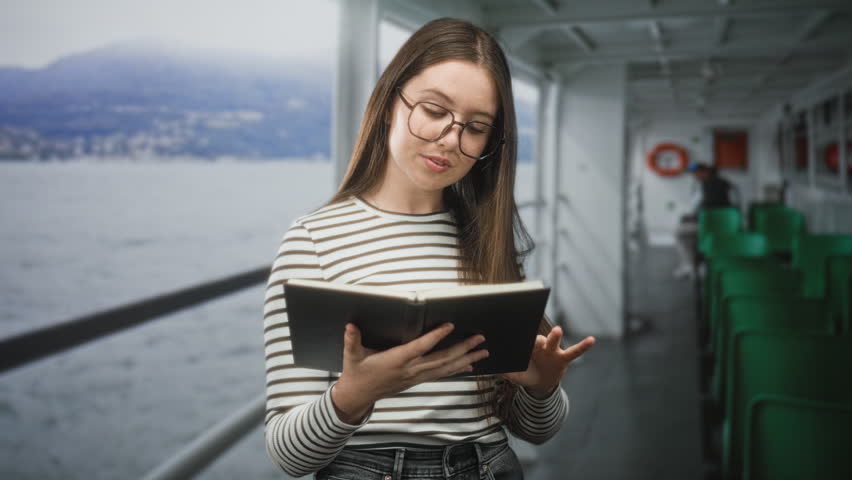 Young woman holds book with both hands on ferry deck inside a building corridor, wearing glasses and striped shirt; contemplation.