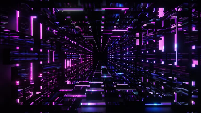 An illustration of a glowing pink and purple sci-fi tunnel filled with luminous geometric panels.
