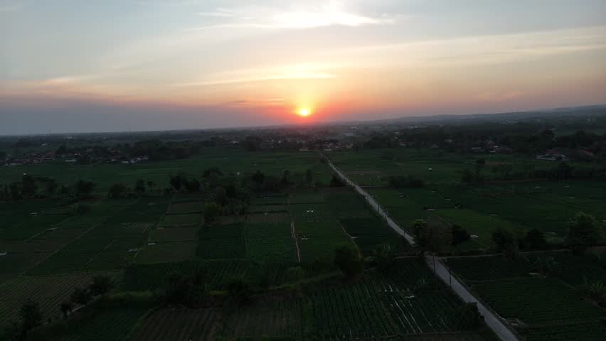 Aerial view of sunset over green rural farmlands and countryside landscape
