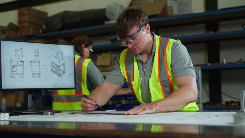Technical inspection at workplace—measurement, drawing review, structural details, maintenance plan, project information on screen.
