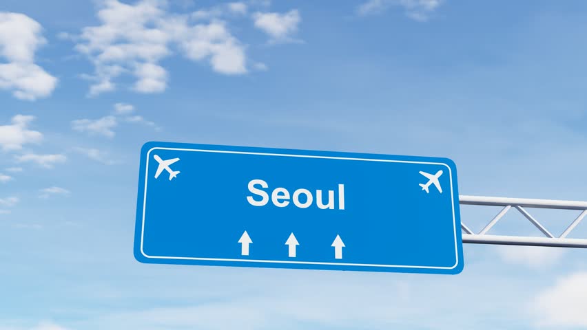 Seoul Airport highway sign with a commercial airplane flying above, ideal for aviation, air travel, transportation, tourism, and infrastructure concepts.