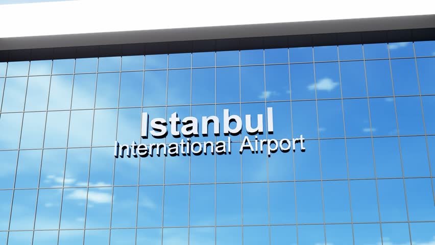 Airliner arriving at Istanbul Airport with a modern terminal, ideal for aviation, air travel, transportation, tourism, and commercial travel content.