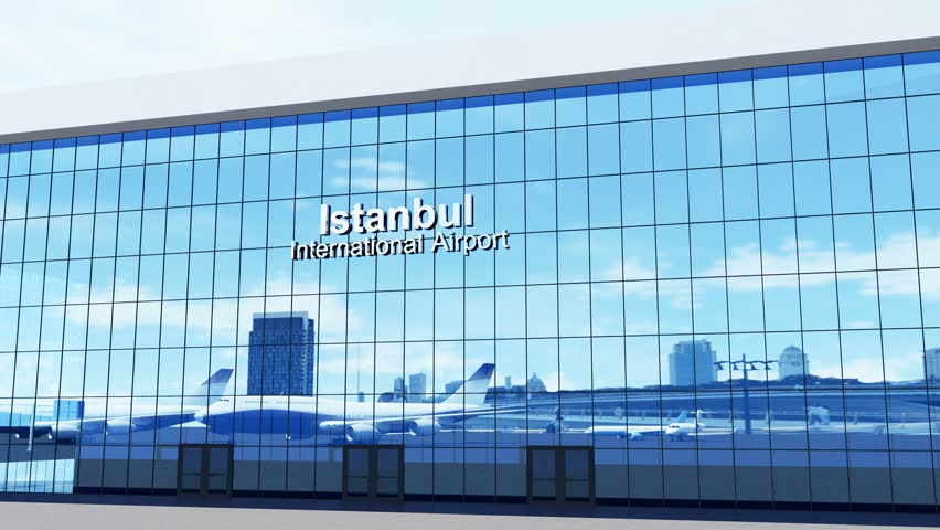 Airliner arriving at Istanbul Airport with a modern terminal, ideal for aviation, air travel, transportation, tourism, and commercial travel content.