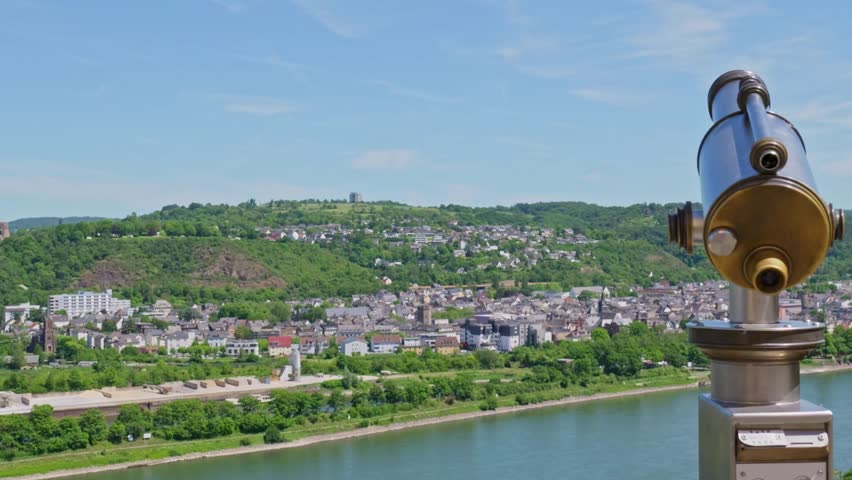 Tourist Telescope Viewing Rhine Valley Koblenz Germany Cityscape Scenic Landscape Viewpoint Binoculars River Travel Destination Europe