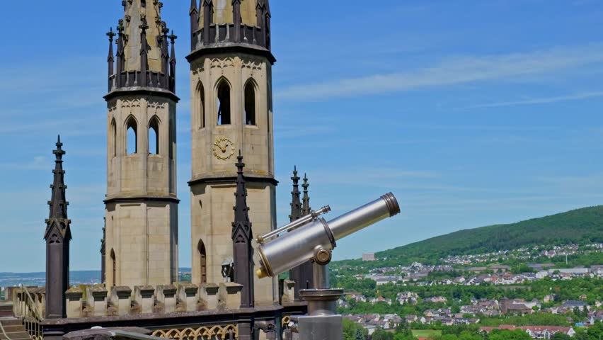 Stolzenfels Castle Towers Tourist Telescope Koblenz Germany Sightseeing Viewpoint Rhine Valley Landscape Gothic Architecture Landmark Europe