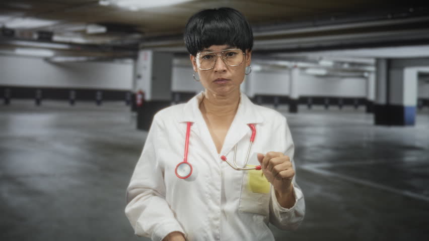 Woman doctor wearing white labcoat and red stethoscope cups hand to ear near pocket with pens while standing in parking building; attentive curiosity.