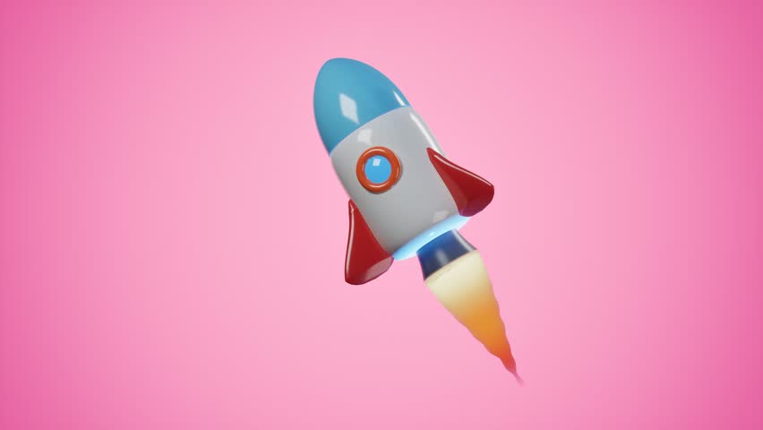 Colorful cartoon rocket on pink background. 3d rendering