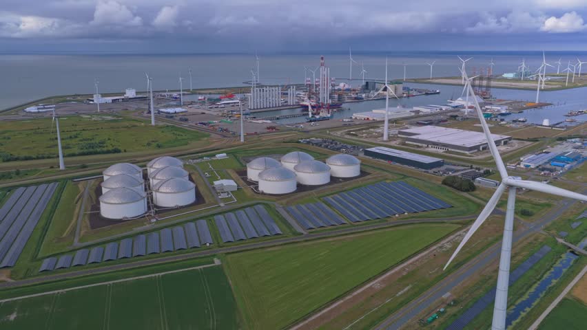 Aerial view of a modern industrial port area featuring petroleum storage tanks, solar panel fields, and numerous spinning wind turbines
