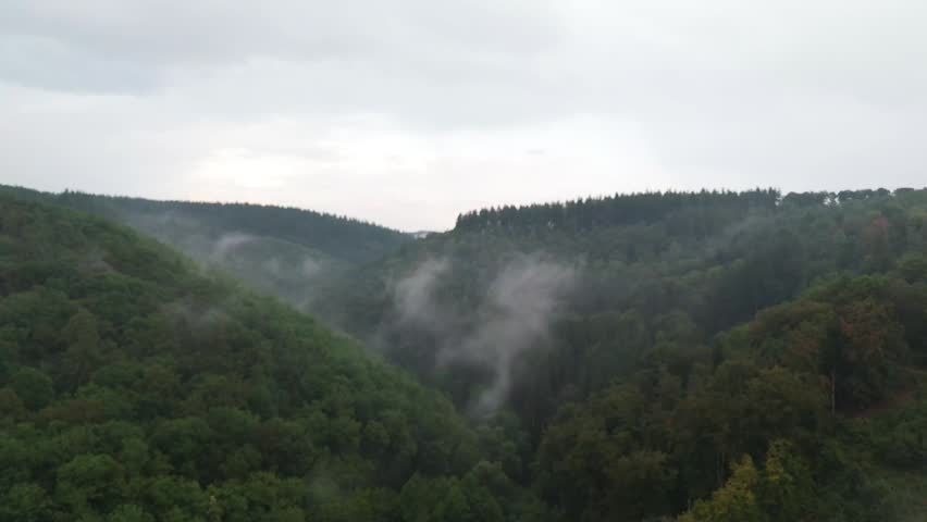 Wide aerial view of a forested Hunsrueck valley wrapped in low fog under a soft overcast sky