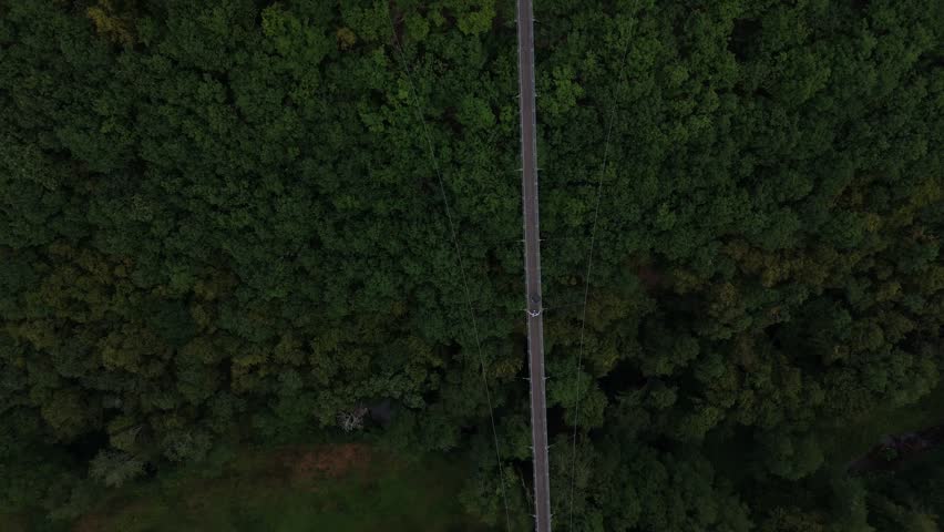Top down aerial view of the Geierlay suspension bridge turning across dense dark forest as the camera rotates above the deck