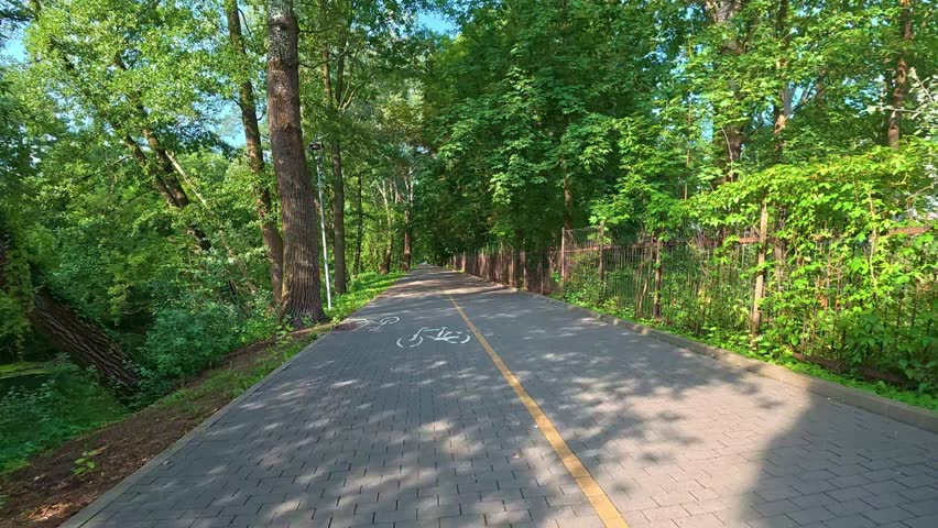 Bicycle path stretching through tree lined park beside metal fence.