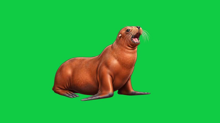Brown Sea Lion Roaring Fur Seal Animal Isolated on Chroma Key Green Screen Background Marine Wildlife Creature Zoology
