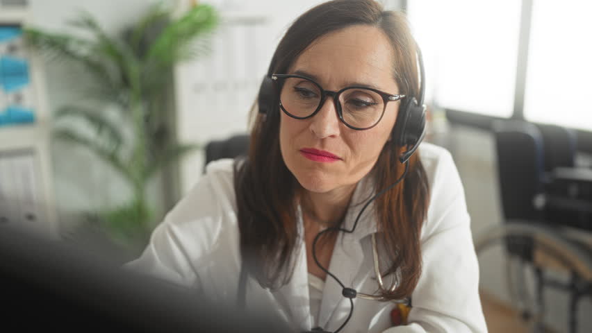 Woman doctor wearing a stethoscope and headset, frowning with lips pursed while seated at a desk in a medical building; professional fatigue.