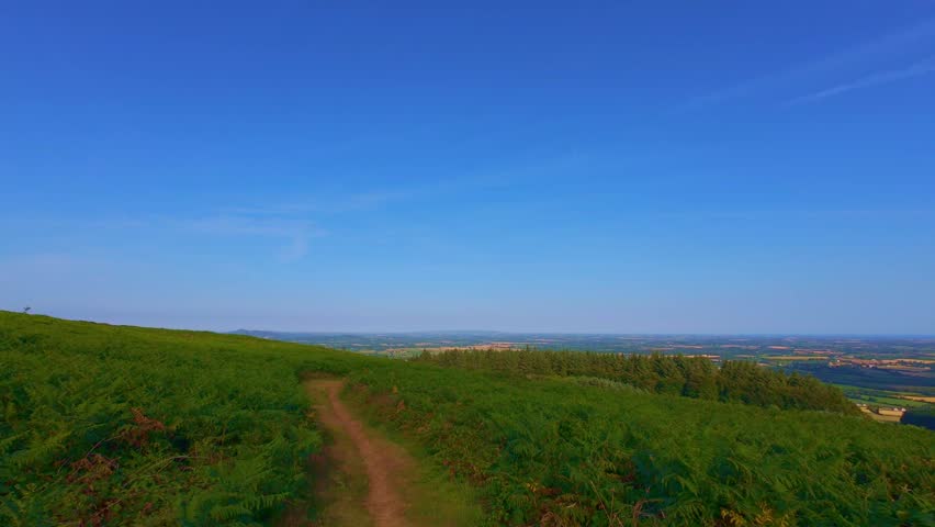 Dirt pathway through green hill field under blue sky