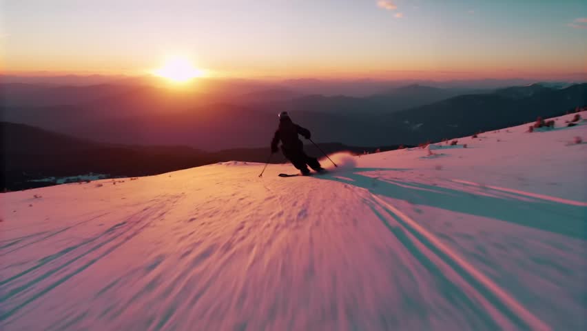 Skier descending snowy mountain slope at sunset winter sport adventure alpine landscape outdoor freedom travel concept