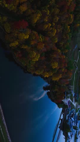 An aerial view of a vibrant autumn forest bordering a calm lake in Minnesota, USA, displaying colorful foliage and seasonal tranquility