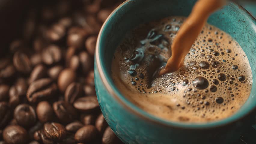 An AI-generated illustration of fresh coffee pouring into a cup surrounded by roasted coffee beans