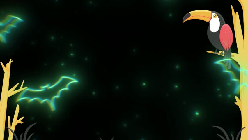 This video features a repetitive cartoon toucan sitting on a bare tree branch against a dark night sky filled with glowing neon bats