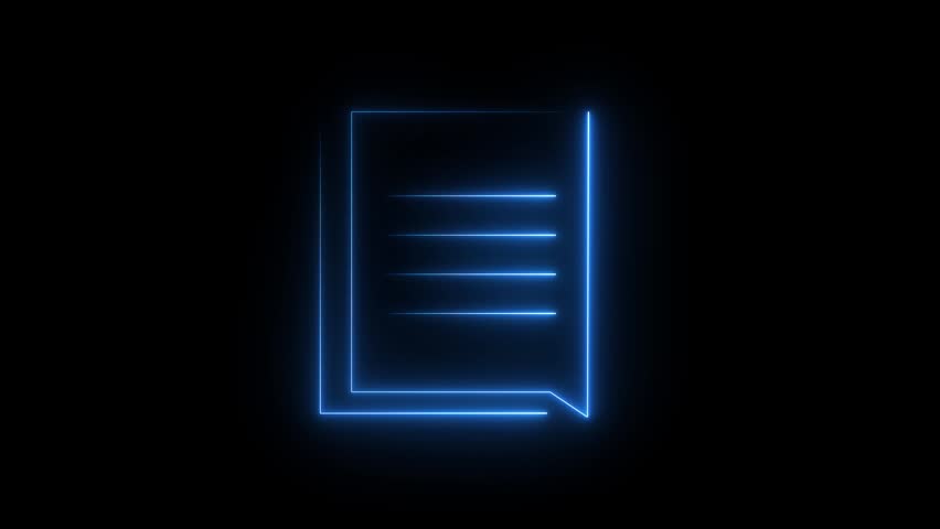 Glowing Blue Neon Document File Icon Animation with Text Lines on Black Background, Digital Document, Report, File Management and Business Documentation Concept . 4K video.