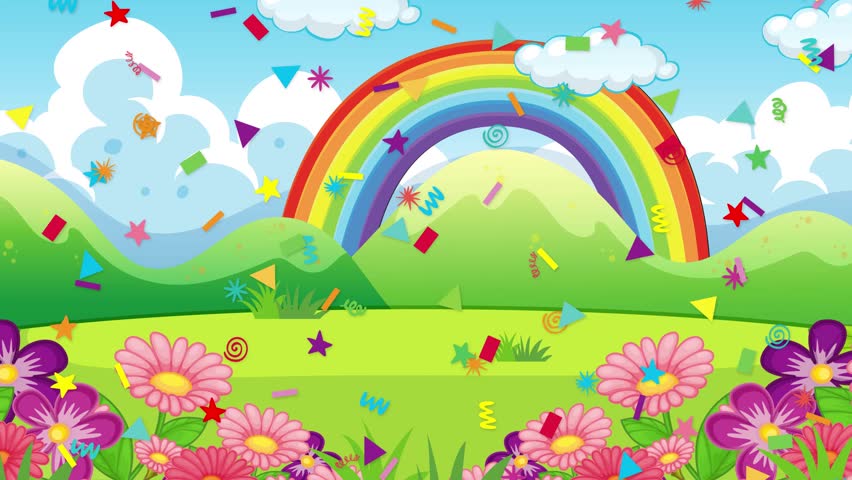 Vibrant 2D animation of a rainbow over flowery hills with falling confetti and shapes.