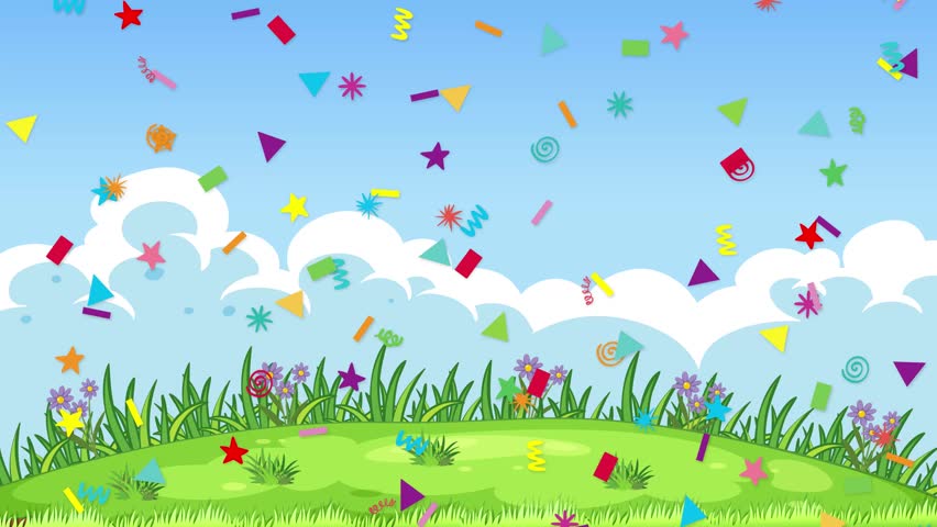 Vibrant geometric confetti falls continuously over a stylized green meadow under a cloudy sky.