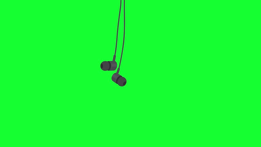 Animated black earphones hanging and swinging loop on green screen background for music podcast, audio technology, and motion graphics project.