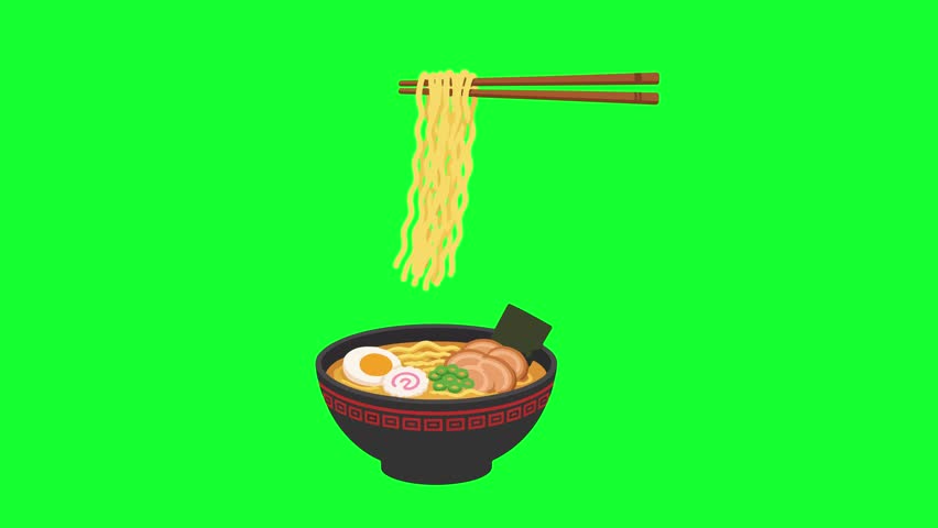 Animated Japanese ramen noodle bowl with chopsticks loop on green screen background for restaurant menu, Asian food, and motion graphic project.