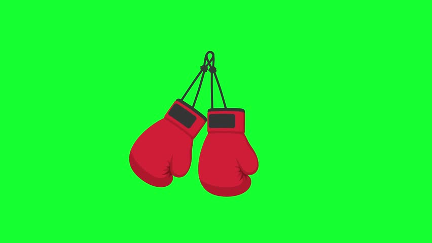 Animated pair of red and blue boxing gloves hanging loop on green screen background for sports, fight, gym, championship, and fitness video project.