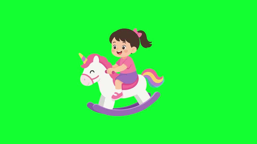 Cute cartoon girl riding rocking unicorn toy loop on green screen background for children playroom, kindergarten, childhood, and kids video asset.