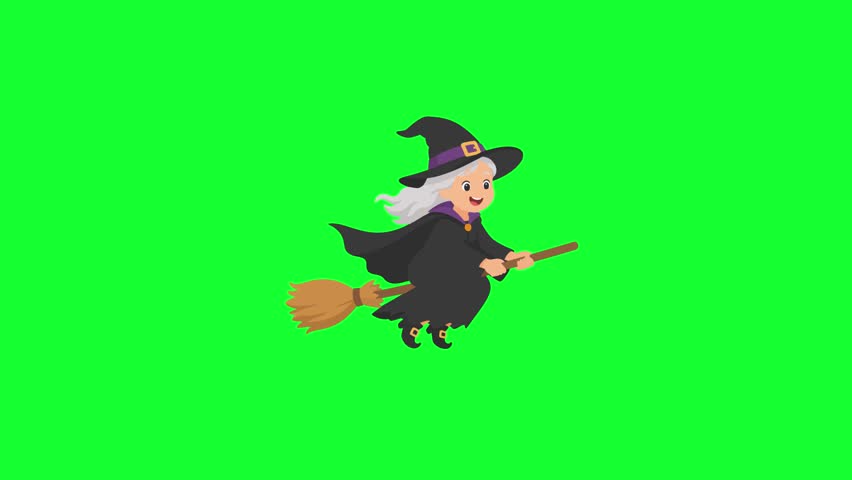 Animated friendly old witch flying on broomstick loop on green screen background for Halloween, fantasy story, fairy tale, and motion graphic asset