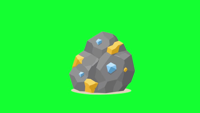 Animated gold and diamond ore stone glowing loop on green screen background for mining, treasure, resource game, and industry video asset.