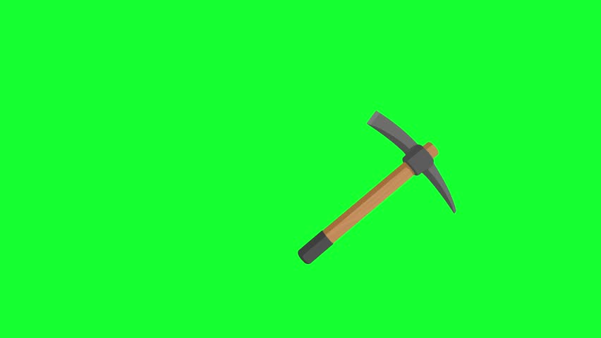 Animated mining pickaxe tool loop on green screen background for gold mining, construction, digging, labor, and motion graphic asset.