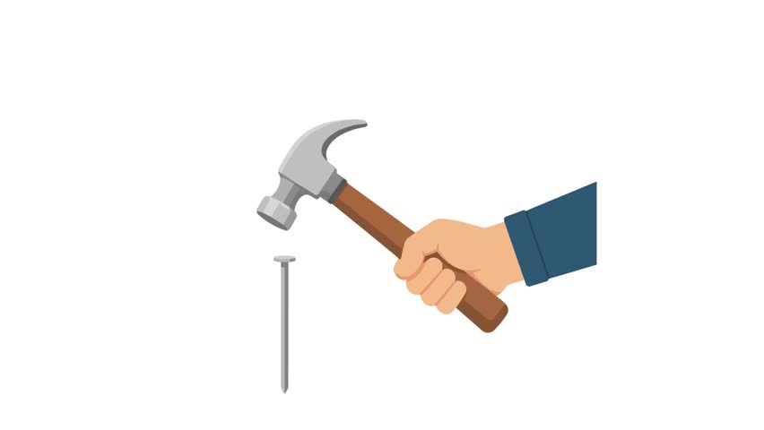 Animated hand hitting nail with hammer loop on green screen and white background for carpentry, home repair, construction, and handyman asset.