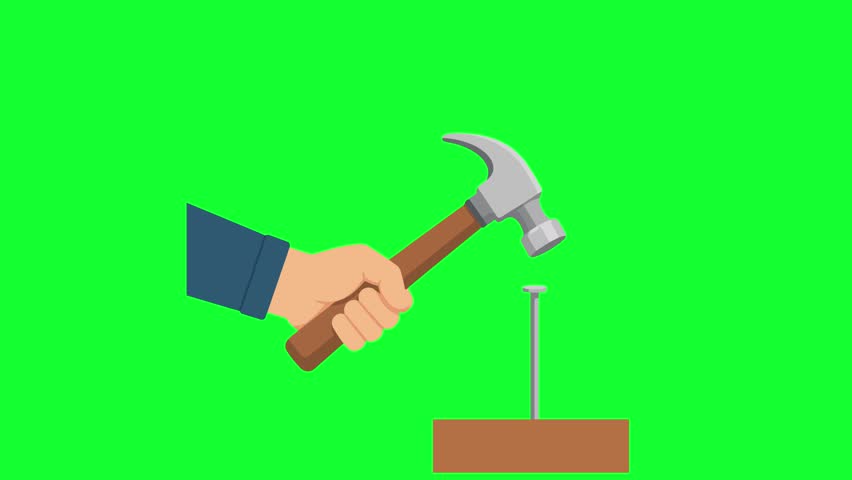 Animated hand hitting nail with hammer loop on green screen and white background for carpentry, home repair, construction, and handyman asset.
