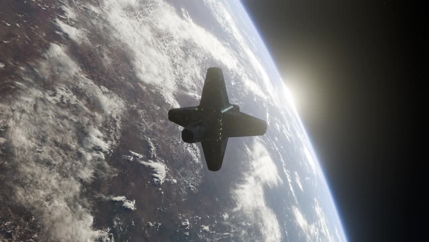 A spacecraft elegantly orbits Earth, capturing breathtaking views of the planet, Space Shuttle Flying Above Earth in Low Orbit Cinematic Animation
