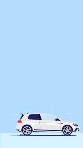 Modern white hatchback car driving on blue background, flat vector illustration motion graphic concept
