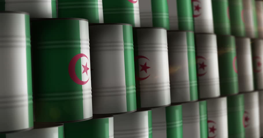 Algeria oil business and fuel extraction barrels in row seamless and loopable concept. Algerian petrol industrial containers.